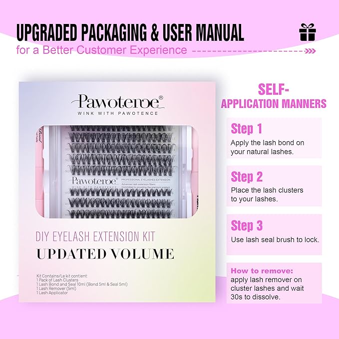 Pawotence Lash Extension Kit DIY 280pcs Individual Lash Clusters Kit 30D 40D Cluster Eyelash Extensions Kit with Lash Bond and Seal, Lash Remover, Lash Tweezers for Self Use (30D&40D, 9-16mm, All Kit)