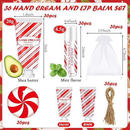 144 Pcs Christmas Candy Cane Lip Balm Hand Cream Set Party Favors Including 36 Lip Balm 36 Moisturizing Hand Cream 36 Bags 36 Cards and Ropes for Xmas Accessories Gifts