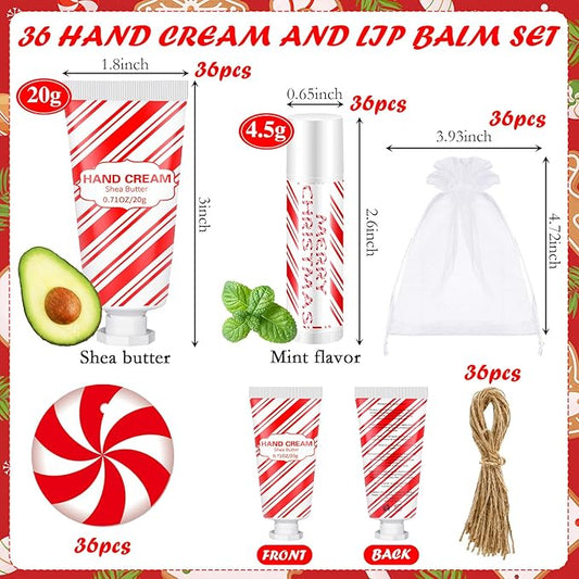 144 Pcs Christmas Candy Cane Lip Balm Hand Cream Set Party Favors Including 36 Lip Balm 36 Moisturizing Hand Cream 36 Bags 36 Cards and Ropes for Xmas Accessories Gifts