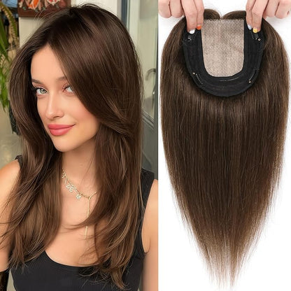 Hair Toppers for Women Real Human Hair, 360° 3D Toppers Pieces for Women with Thinning Crown Side Bangs 16 Inch Upgrade Big Basement (Medium Brown, 16 Inch Side Bangs)