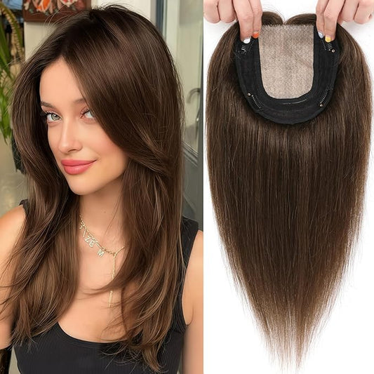 Hair Toppers for Women Real Human Hair, 360° 3D Toppers Pieces for Women with Thinning Crown Side Bangs 16 Inch Upgrade Big Basement (Medium Brown, 16 Inch Side Bangs)