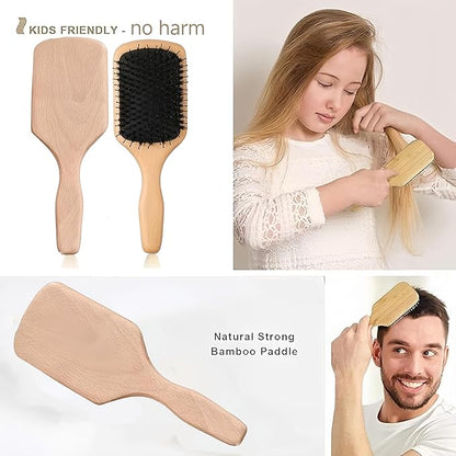 Boar Bristle Hair Brush and Comb Set for Women Men Kids, Best Natural Wooden Paddle Hairbrush and Small Travel Styling Brush for Wet or Dry Hair Detangling Smoothing Massaging(black)