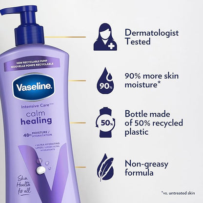 Vaseline Intensive Care Calm Healing Body Lotion 3 count for Dry Skin Made with Ultra-Hydrating Lipids and Lavender Extract to Heal and Restore Dry Skin 20.3 oz