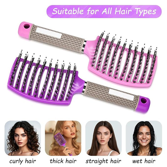 Wet Hair Detangling Brush for Blow Drying，Hair Detangler Brush for Women and Kids ，Boar Bristle Hair Brushes for Women Detangler 2 PACK（PINK+PURPLE)