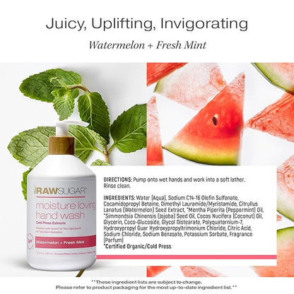 RAW SUGAR Moisture Loving Hand Wash, 16.9 Fl Oz (Pack of 3) Watermelon + Fresh Mint Liquid Hand Soap for Kitchen or Bathroom, Cleanses & Refreshes Hands, Formulated without Sulfates & Parabens