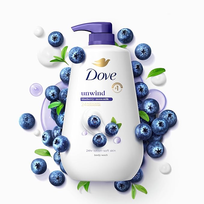 Dove Body Wash 3 Count Unwind Blueberry & Moon Milk For 24hr Lotion-Soft Skin Moisturizing Skin Cleanser with No Sulfates No Parabens
