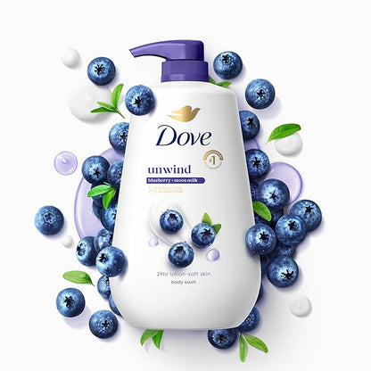 Dove Body Wash 3 Count Unwind Blueberry & Moon Milk For 24hr Lotion-Soft Skin Moisturizing Skin Cleanser with No Sulfates No Parabens