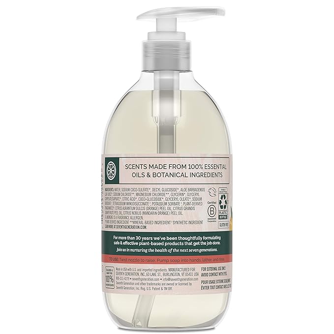 Seventh Generation Hand Soap, Mandarin Orange & Grapefruit , 12 Fl Oz (Pack of 8) - (Packaging May Vary)