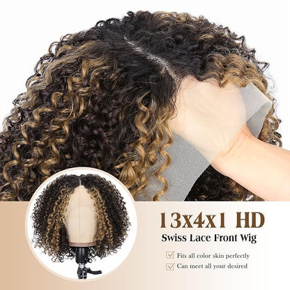 Quick Wig Curly Lace Front Wigs Short Kinky Curly Wig 13×4×1 HD Glueless Lace Curly Wig Highlight Synthetic Lace Wigs for Women Deep Wave Wig (4/27#)