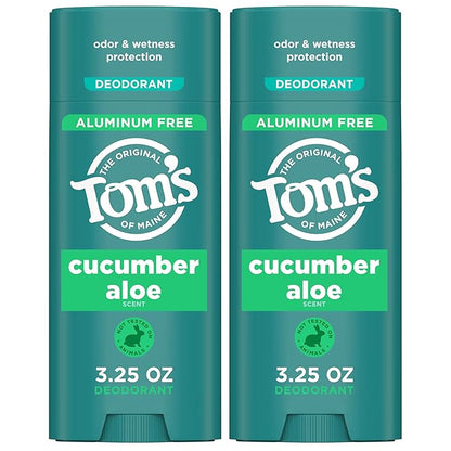 Tom's of Maine Cucumber Aloe Aluminum Free Natural Deodorant For Women & Men | Goes on Clear | Odor & Wetness Protection | Naturally Derived and Moisture-Locking Ingredients | 3.25 oz (2 Pack)