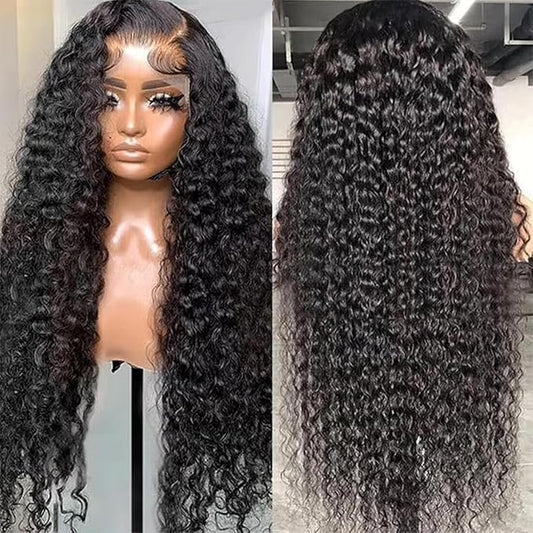 CHEETAHBEAUTY Deep Wave Lace Front Wigs Human Hair Brazilian 10A Grade 13X6 HD Transparent Lace Front Human Hair Wigs for Black Women Pre Plucked with Baby Hair Natural Black 250% Density(34inch)