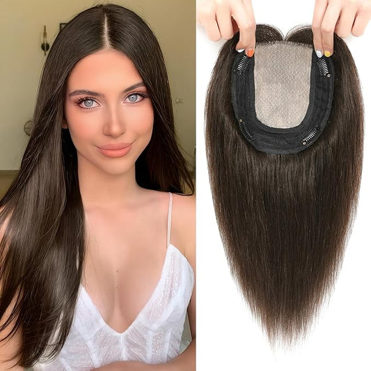 Hair Toppers for Women Real Human Hair, 360° 3D Toppers Pieces for Women with Thinning Crown Side Bangs 12 Inch Upgrade Big Basement (Dark Brown, 12 Inch Side Bangs)