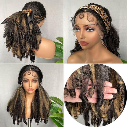 SOKU Afro Curly Lace Front Wig Synthetic Highlights Brown 20 Inch Kinky Straight with Curly Ends Crimp to Curl T Part Transparent Lace Front Wig for Black Women