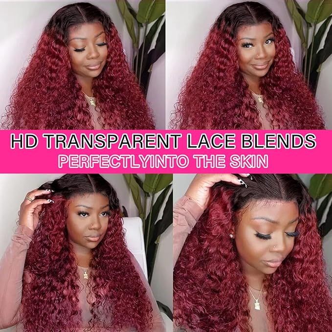 99j Burgundy Curly Lace Front Wigs Human Hair 13x6 OmbreBlack and Burgundy Lace Frontal Wig Pre Plucked Glueless 180% Density Dark Root 1B Burgundy Curly HD Lace Wig for Women 26 Inch