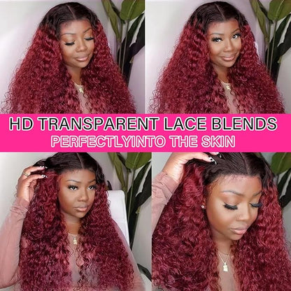 99j Burgundy Curly Lace Front Wigs Human Hair 13x6 OmbreBlack and Burgundy Lace Frontal Wig Pre Plucked Glueless 180% Density Dark Root 1B Burgundy Curly HD Lace Wig for Women 26 Inch