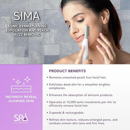 SPA SCIENCES - SIMA Patented Dermaplane Razor for Women Face – Painless 2-in-1 Facial Exfoliation & Peach Fuzz Hair Removal – Anti-Aging – 3 Speeds – Rechargeable – 7 Weeks Treatment