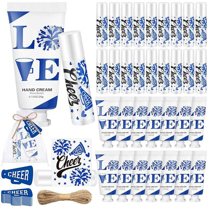 144 Pcs Blue Cheer Favors Natural Bulk Lip Balm and Hand Cream Set, Include 36 Lip Balm 36 Moisturizing Hand Cream 36 Bags 36 Card and Rope Cheer Accessories for Christmas Sports Party Gifts