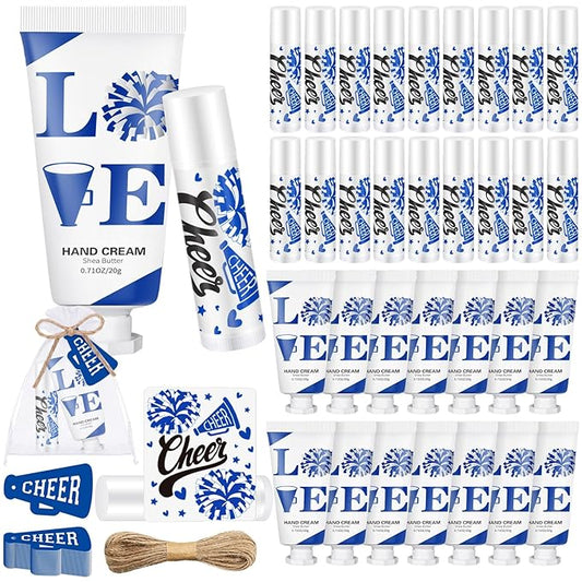 144 Pcs Blue Cheer Favors Natural Bulk Lip Balm and Hand Cream Set, Include 36 Lip Balm 36 Moisturizing Hand Cream 36 Bags 36 Card and Rope Cheer Accessories for Christmas Sports Party Gifts