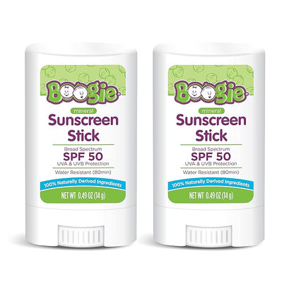 Baby Sunscreen Stick by Boogie, Mineral Sunscreen SPF 50, Travel Size Sunblock for Kids, FSA/HSA Eligible, Zinc Oxide, Water Resistant, Vegan, Fragrance Free, Pack of 2
