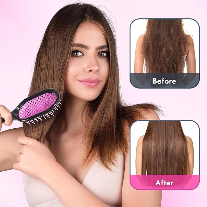 Vented Detangling Hair Brush - 2 Pack Detangler Hairbrush for Effortless Tangle Removal - Ultra-Soft Bristles -For Natural Curly Straight Wet Dry Damaged Hair for Women Men Kids - Black & Pink