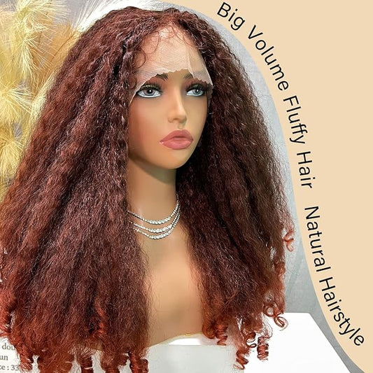 SOKU Afro Curly Lace Front Wig Synthetic Copper Red T Part 20 Inch Crimp to Curl Kinky Straight with Curly Ends Pre-plucked with Baby Hair Transparent Swiss Lace Yaki Texture Ginger Wigs for Women