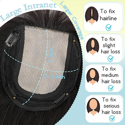 Hair Toppers for Women Real Human Hair, 360° 3D Toppers Pieces for Women with Thinning Crown Wispy Bangs 12 Inch Upgrade Big Basement (Natural Black, 12 Inch Wispy Bangs)