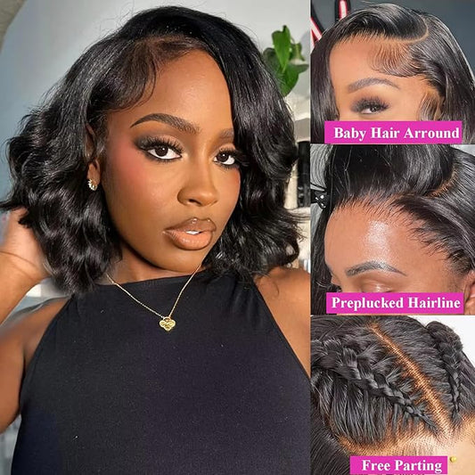 Bob Wig Lace Front Wigs Pre Plucked with Baby Hair 200% Density Short Bob Wigs for Women Body Wave Bob Frontal Wigs Natural Black 10inch