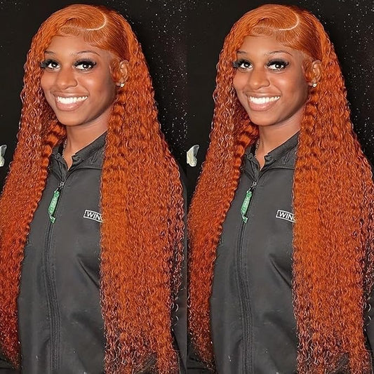 32 Inch 13x6 Lace Front Wig Human Hair Curly Ginger Hd Lace Front Wig Human Hair for Women 180% Density Orange Brazilian Deep Wave Lace Frontal Human Hair Wig Bleached Knots Pre Plucked with Baby Hair