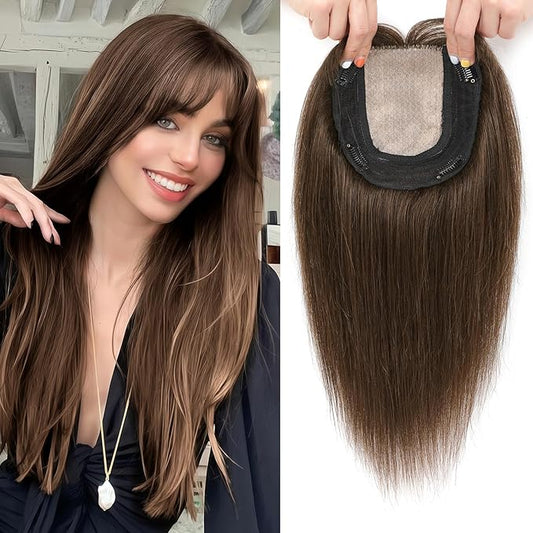 Hair Toppers for Women Real Human Hair, 360° 3D Toppers Pieces for Women with Thinning Crown Wispy Bangs 14 Inch Upgrade Big Basement (Mocha Brown, 14 Inch Wispy Bangs)