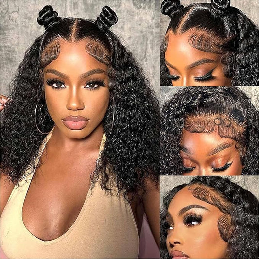 Glueless Bob Wigs Human Hair Pre Plucked Pre Cut Short Curly Human Hair Wigs for Black Women 5x5 HD Lace Closure Water Wave Wear and Go Glueless Wigs 180% Density 14 Inch