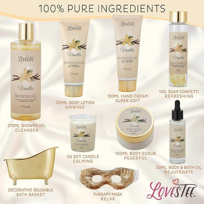 Mothers Day Gifts, Spa Basket for Women, Vanilla Bath & Body Set, Christmas & Birthday Gift, Includes Shower Gel, Body Lotion, Hand Cream, Body Scrub, Message Oil, Candle, Eye Mask, Confetti