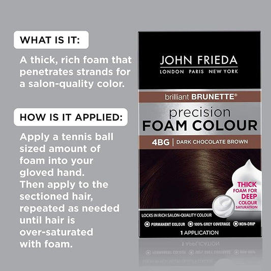 John Frieda Precision Foam Colour, Dark Chocolate Brown 4BG, Full-Coverage Hair Color Kit, Anti-Fade Gray Coverage, Deep Color Saturation Hair Dye, 1 Application