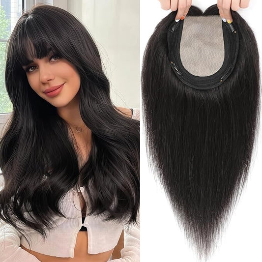 Hair Toppers for Women Real Human Hair, 360° 3D Toppers Pieces for Women with Thinning Crown Wispy Bangs 16 Inch Upgrade Big Basement (Natural Black, 16 Inch Wispy Bangs)