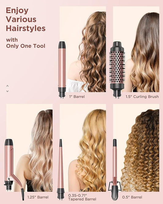 Wavytalk 5 in 1 Curling Iron Set with Curling Brush and 4 Interchangeable Ceramic Curling Wand (0.35"-1.25”), Instant Heat Up, Dual Voltage Hair Curler