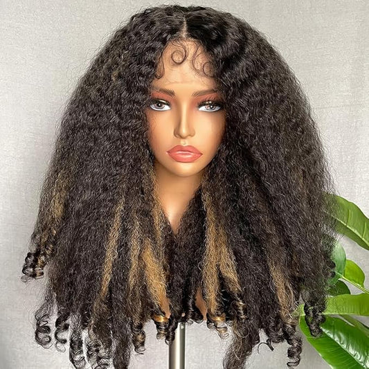 SOKU Afro Curly Lace Front Wig Synthetic Highlights Brown 20 Inch Kinky Straight with Curly Ends Crimp to Curl T Part Transparent Lace Front Wig for Black Women