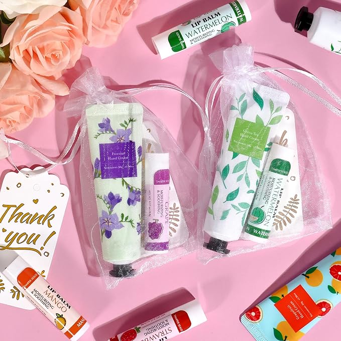 AZEN 50 Sets Hand Cream and Lip Balm Set with Organza Bag Thank You Card, Baby Shower Wedding Gifts for Guests, Bridal Souvenirs for Colleagues Employee Coworkers, Party Favor for Female Friends