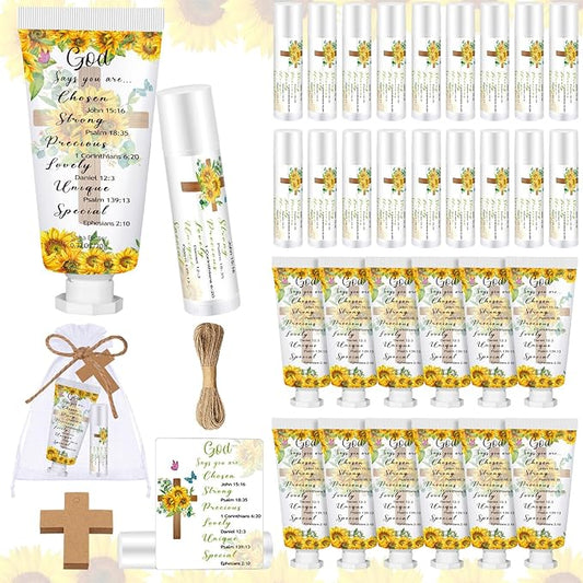 144 Pcs Christian Lip Balm Hand Cream Set Biblical Party Favors, Include 36 Bible Lip Balm and Sunflower Moisturizing Hand Cream 36 Bags and Cards and Ropes for Women Men Accessories Gifts