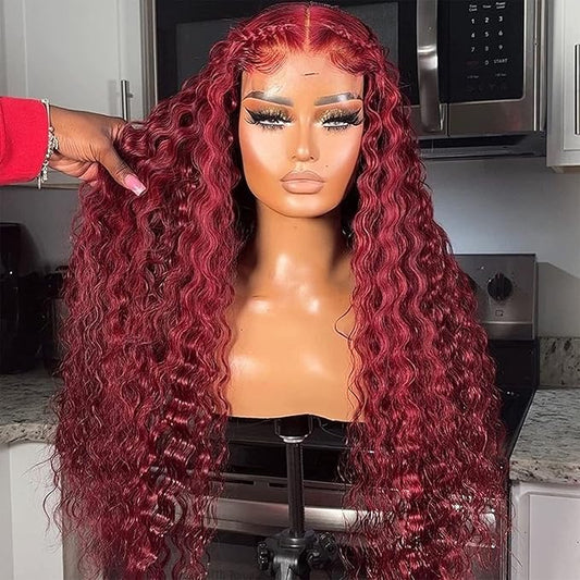CHEETAHBEAUTY 99J Burgundy Deep Wave 13X6 HD Transparent Lace Front Wigs Human Hair Brazilian Virgin Human Hair Wigs for Black Women Pre Plucked with Baby Hair 250% Density(18inch)