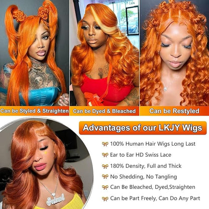 13x6 Ginger Orange Full Lace Front Wigs Human Hair Pre Plucked 200% Density Body Wave 13x6 HD Transparent Lace Frontal Wig Glueless 88J Colored Bralizian Virgin Human Hair Wigs for Women 32 inch