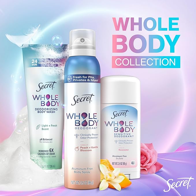 Secret Whole Body Deodorant Stick for Women, Rosewater Scent, Aluminum Free Deodorant Stick, 72 HR Odor Protection, 2.4 oz