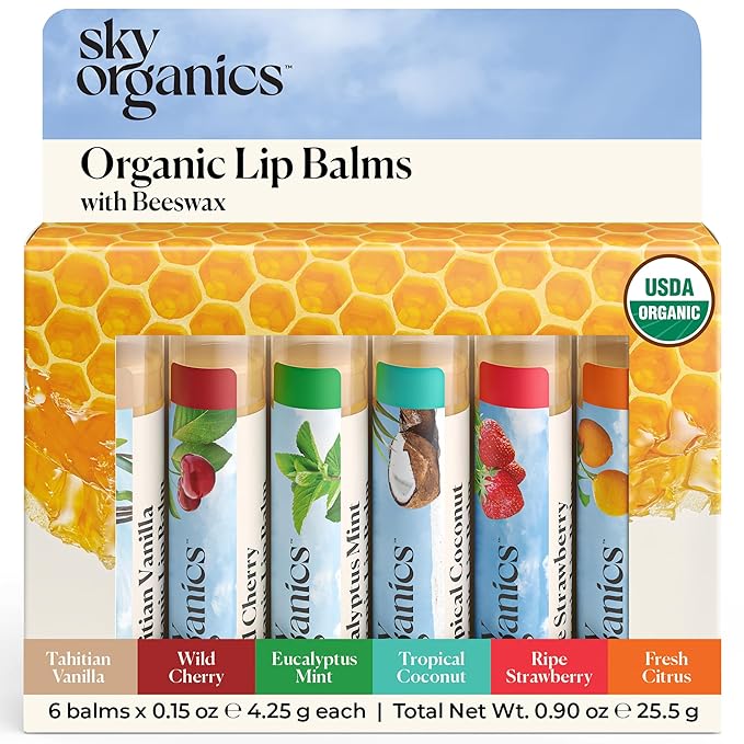 Sky Organics Organic Lip Balms With Beeswax for Lips, USDA Certified Organic, Six Assorted Flavors to Moisturize, Soothe & Soften, 6pk.