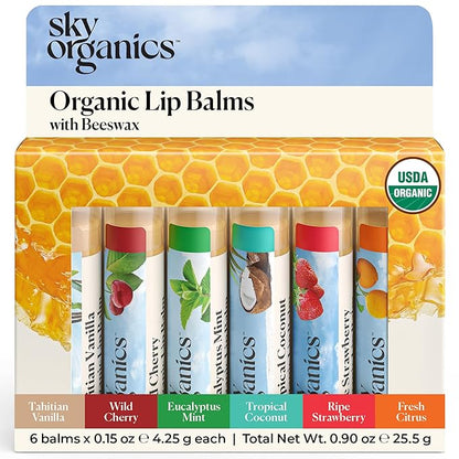 Sky Organics Organic Lip Balms With Beeswax for Lips, USDA Certified Organic, Six Assorted Flavors to Moisturize, Soothe & Soften, 6pk.