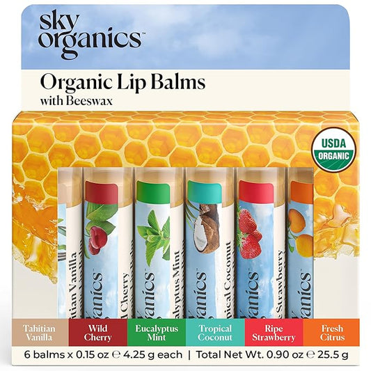 Sky Organics Organic Lip Balms With Beeswax for Lips, USDA Certified Organic, Six Assorted Flavors to Moisturize, Soothe & Soften, 6pk.