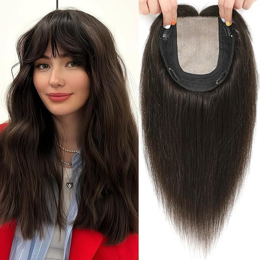 Hair Toppers for Women Real Human Hair, 360° 3D Toppers Pieces for Women with Thinning Crown Wispy Bangs 16 Inch Upgrade Big Basement (Dark Brown, 16 Inch Wispy Bangs)