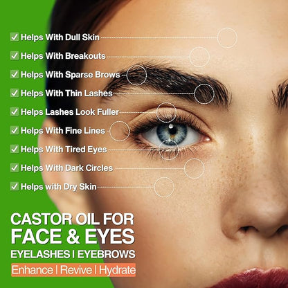Organic Castor Oil For Face Moisturizer, Eyes, Eyelashes, Eyebrows, Wrinkles with Jojoba, Rosehip, Grapeseed, Squalane, Palmarosa, Bergamot and Vitamin E for Gentle Skin, Men & Women 1oz