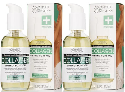 Advanced Clinicals Hydrating Collagen Oil For Body & After Shower | Visible Anti Aging Moisturizing Collagen Body Oil For Women & Men Helps Soften Appearance Of Crepe Skin & Wrinkles, 3.8 Fl Oz, 2pc