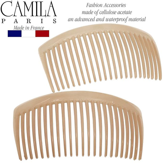 Camila Paris CP3022 French Side Combs Large Curved, Beige French Twist Hair Combs Decorative, Strong Hold Hair Clips for Women Bun Chignon Up-Do, No Slip Styling Girls Hair Accessories, Made in France