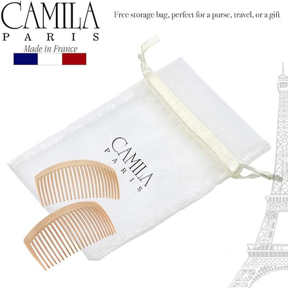Camila Paris CP3022 French Side Combs Large Curved, Beige French Twist Hair Combs Decorative, Strong Hold Hair Clips for Women Bun Chignon Up-Do, No Slip Styling Girls Hair Accessories, Made in France