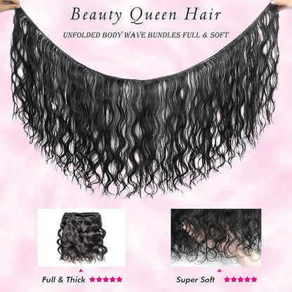 Beauty Queen 16A Body Wave Bundles Human Hair 22 24 26 Inch 100% Unprocessed Brazilian Human Hair Weave Bundles Thick Raw Vigin Hair Long Hair Extensions Natural Color For Women