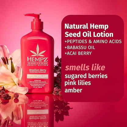 Hempz Brazilian Berry Beauty Actives Lotion, Hydrating Moisturizer for Body, Hands and Feet 17 oz.
